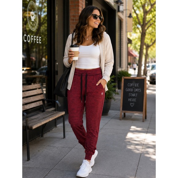 RBX Active Pants - RBX Active Womens Burgundy Black Space Dye Joggers Tapered Sweatpants‎ Medium